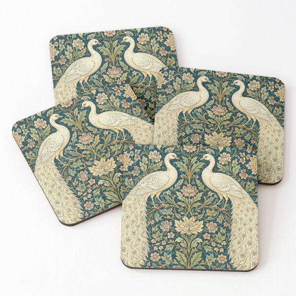 Item preview, William Morris Inspired White Peacocks designed and sold by CottageArtistry.