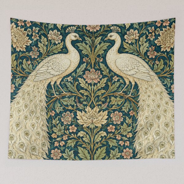 Item preview, William Morris Inspired White Peacocks designed and sold by CottageArtistry.