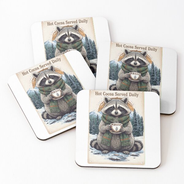 Item preview, Hot Cocoa Served Daily - Cute Raccoon Winter Vintage Retro Cabin Sign designed and sold by ExpressoJungle.