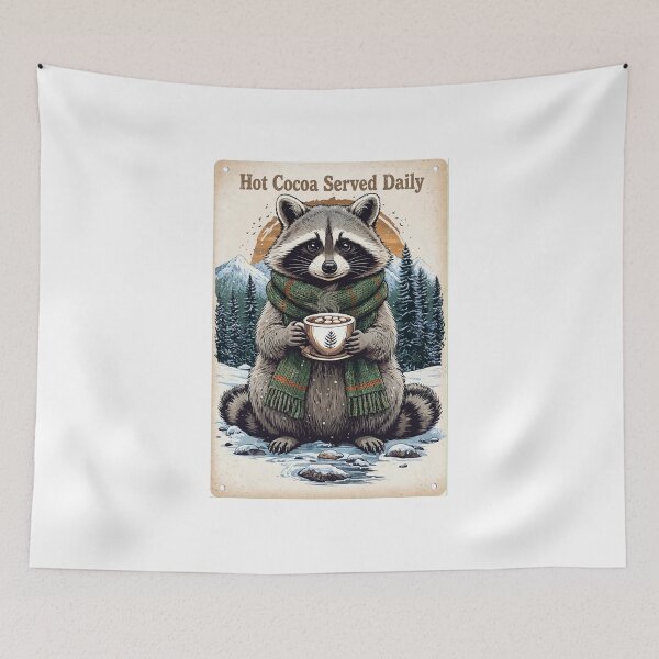 Item preview, Hot Cocoa Served Daily - Cute Raccoon Winter Vintage Retro Cabin Sign designed and sold by ExpressoJungle.
