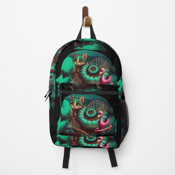 Item preview, Green Surreal Portrait with Rollercoaster Cat and Flamingo designed and sold by LujziWorld.