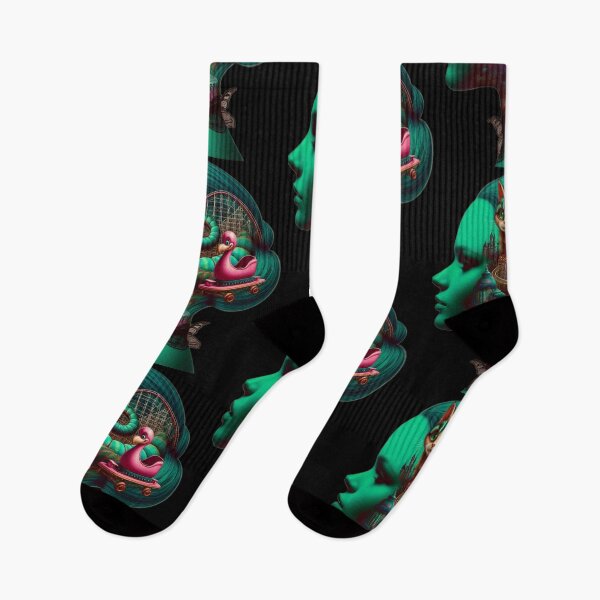 Item preview, Green Surreal Portrait with Rollercoaster Cat and Flamingo designed and sold by LujziWorld.