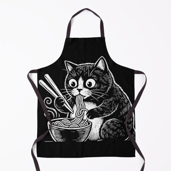 Item preview, Funny Cat Eating Ramen Noodles Linocut Black and White designed and sold by TeNovaStudio ⭐⭐⭐⭐⭐.