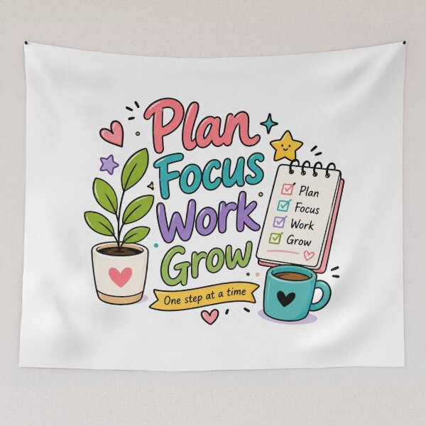 Item preview, Plan Focus Work Grow | Cute Productivity Quote, Planner & Study Motivation | Kawaii Office, Journal & ADHD-Friendly Design designed and sold by Pixanova.