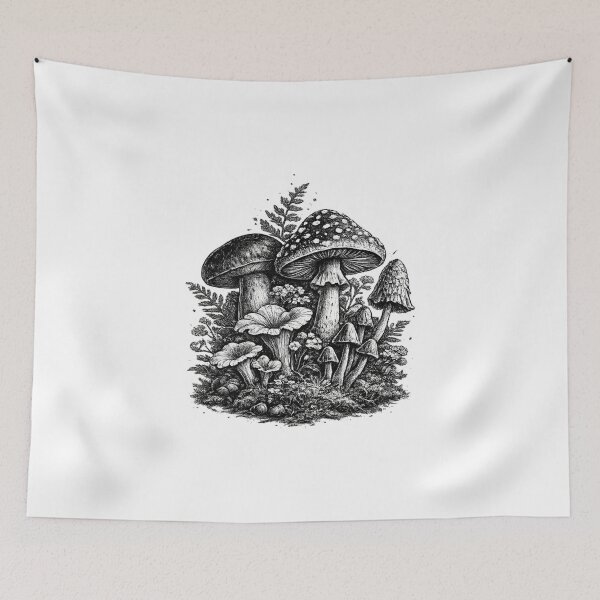 Item preview, Vintage forest mushrooms linocut designed and sold by HandicraftArt.