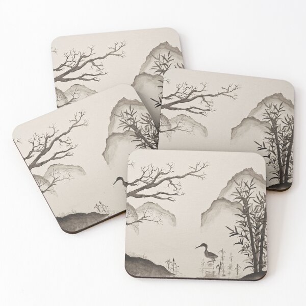 Item preview, The Heron Sumi-e Zen Japanese Landscape Painting designed and sold by JadeJ888.