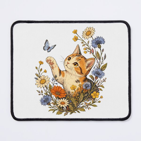 Item preview, Playful Calico Kitten Reaching for Blue Butterfly – Wildflower Garden Art designed and sold by Minimal Aura.