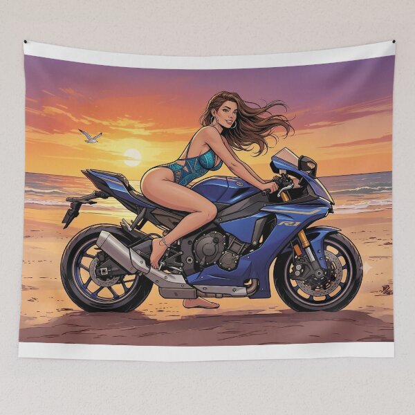 Item preview, Beautiful woman on a sports motorcycle on the beach designed and sold by javierparra.