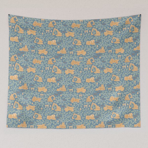 Item preview, Construction Trucks Pattern with Botanical Leaves Hand Painted Dusty Blue designed and sold by MaddaMom.