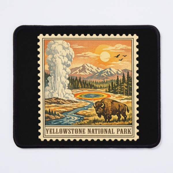 Item preview, Yellowstone National Park Vintage Postage Stamp | Old Faithful Geyser & Bison Retro Travel Art designed and sold by Youngkev-arts.