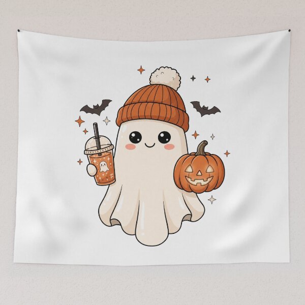 Item preview, Cute Ghost with Pumpkin and Drink designed and sold by pintartipuduran.