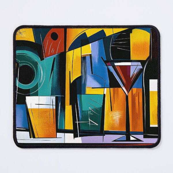 Item preview, Abstract Cocktail Lounge with Colorful Glasses Bottles and Bold Geometric Modern Bar Wall Art designed and sold by OlfactoART Studio.