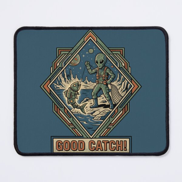 Item preview, Alien Fisherman Catching Robotic Space Fish Retro Graphic designed and sold by DuckOddity.