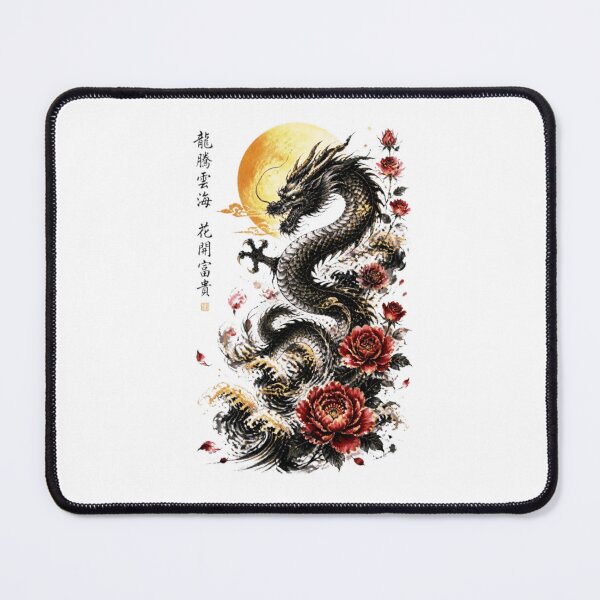 Item preview, Black and Gold Chinese Dragon with Red Peonies | Golden Moon Sumi-e Art designed and sold by Natalia-Vlad.
