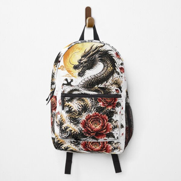 Item preview, Black and Gold Chinese Dragon with Red Peonies | Golden Moon Sumi-e Art designed and sold by Natalia-Vlad.