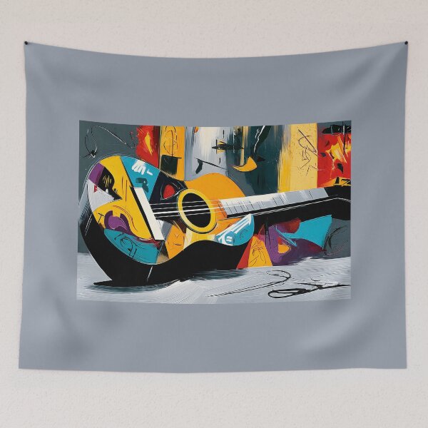 Aperçu de l'œuvre Guitare abstraite colorée reposant dans un style géométrique audacieux pour une œuvre d'art murale inspirée par la musique contemporaine créée et vendue par OlfactoART Studio.