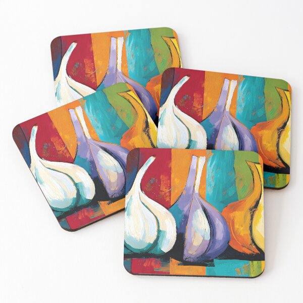 Item preview, Vibrant Garlic Trio with Expressive Colors and Abstract Contemporary Kitchen Still Life Wall Art designed and sold by OlfactoART Studio.