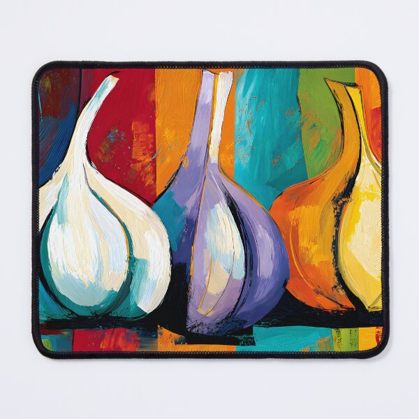 Item preview, Vibrant Garlic Trio with Expressive Colors and Abstract Contemporary Kitchen Still Life Wall Art designed and sold by OlfactoART Studio.