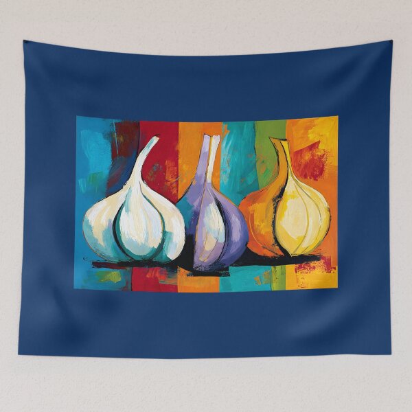 Item preview, Vibrant Garlic Trio with Expressive Colors and Abstract Contemporary Kitchen Still Life Wall Art designed and sold by OlfactoART Studio.