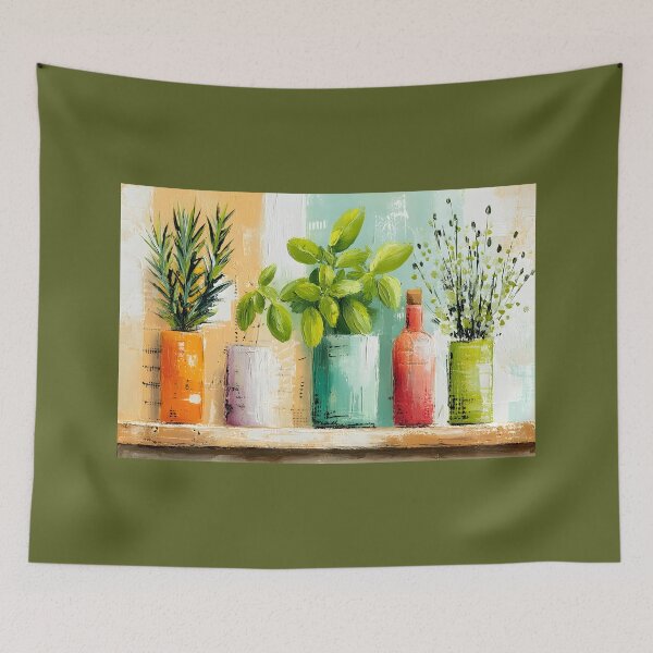 Item preview, Artful Collection of Lush Potted Plants in Colorful Vases with Modern Botanical Wall Decor designed and sold by OlfactoART Studio.