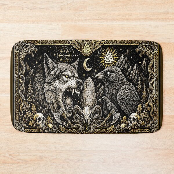 Item preview, Norse Wolf & Raven | Viking Runes, Vegvisir & Valknut Mythology Blackwork Art designed and sold by Alchemy Forge.