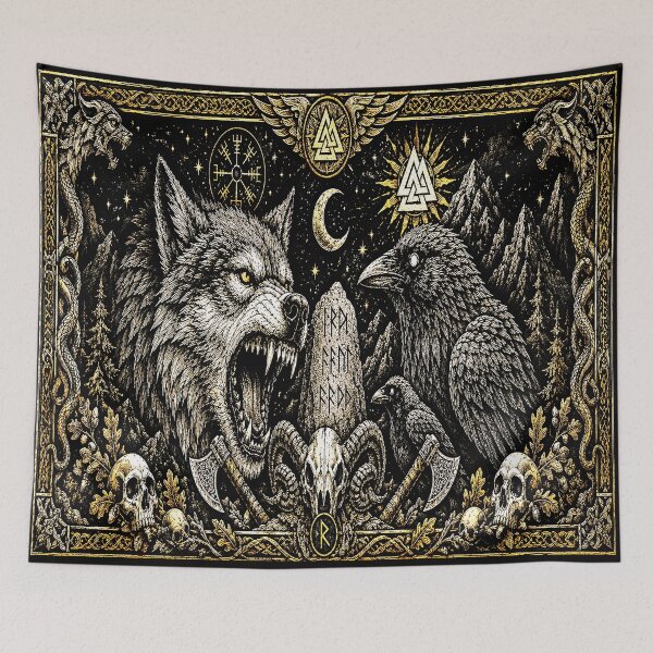 Item preview, Norse Wolf & Raven | Viking Runes, Vegvisir & Valknut Mythology Blackwork Art designed and sold by Alchemy Forge.
