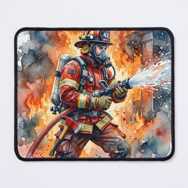 Artikelvorschau, Tapferer Feuerwehrmann kämpft gegen lodernde Flammen (Aquarell) entworfen und verkauft von Pride Emblem Prints.