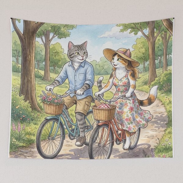 Item preview, Romantic Cat Couple on a Bicycle in Watercolor Park designed and sold by TheCoolCatsMx.