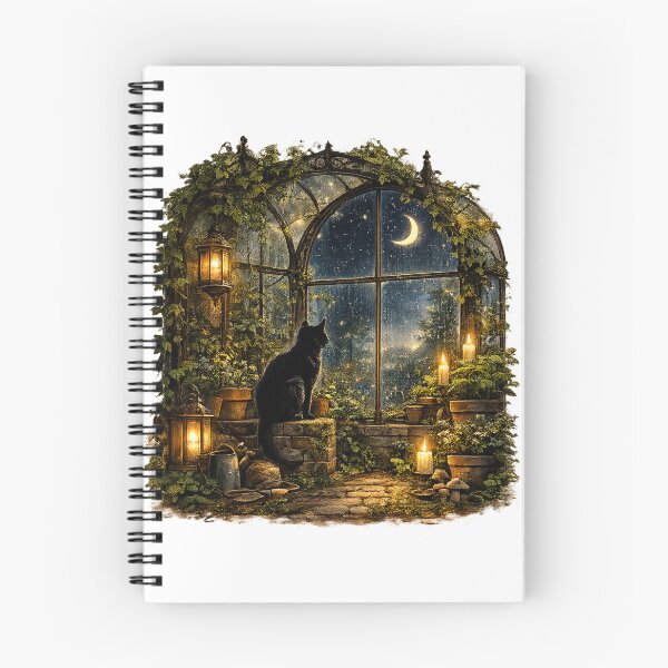 Item preview, Cozy Black Cat in an Enchanted Greenhouse | Cottagecore Night Art designed and sold by Lumivo Studio.