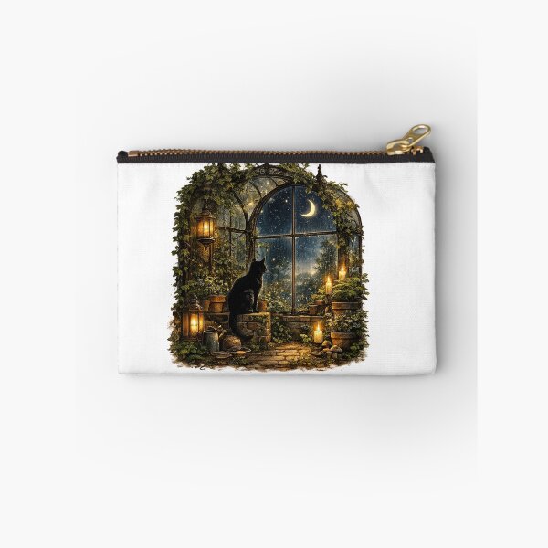 Item preview, Cozy Black Cat in an Enchanted Greenhouse | Cottagecore Night Art designed and sold by Lumivo Studio.