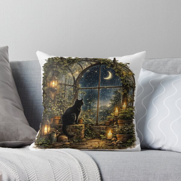 Item preview, Cozy Black Cat in an Enchanted Greenhouse | Cottagecore Night Art designed and sold by Lumivo Studio.