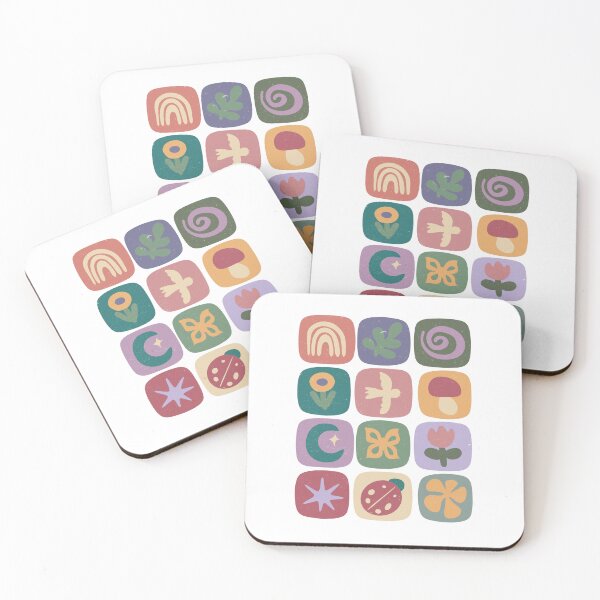Item preview, Retro Boho Nature Icons Grid | Folk Art Rainbow Moon Mushroom Flower Butterfly Pattern designed and sold by poppet103.