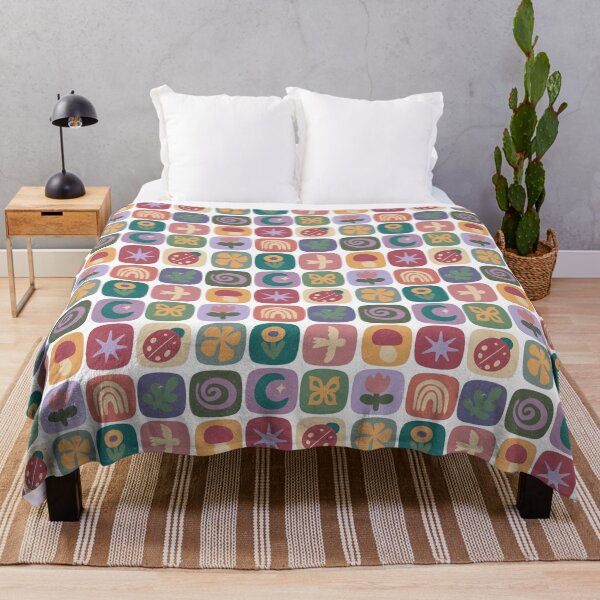 Item preview, Retro Boho Nature Icons Grid | Folk Art Rainbow Moon Mushroom Flower Butterfly Pattern designed and sold by poppet103.