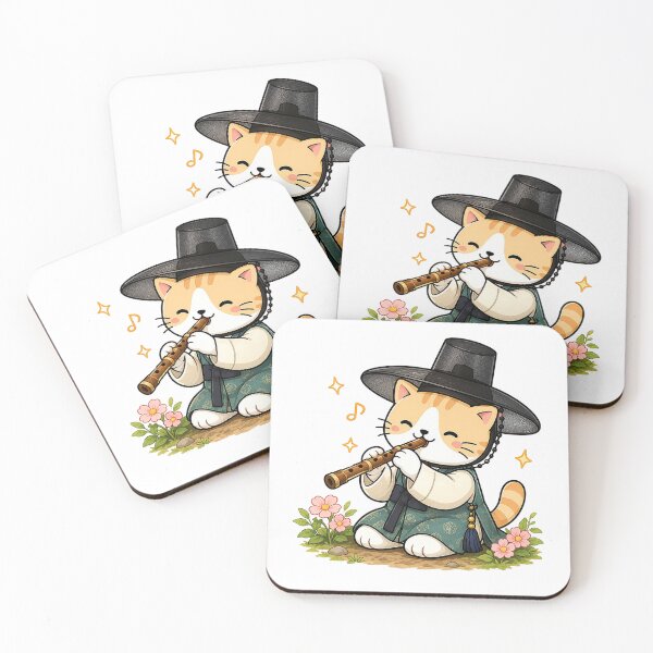 Item preview, Cute Korean Traditional Hanbok Cat Playing Bamboo Flute Danso Illustration designed and sold by NoopnyangStudio.