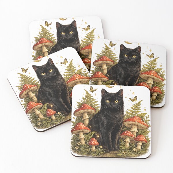 Item preview, Black Cat and Red Mushrooms | Cottagecore Forest Art designed and sold by Lumivo Studio.