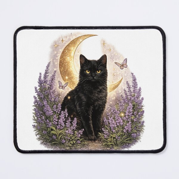Item preview, Black Cat and Lavender Moon | Cottagecore Floral Art designed and sold by Lumivo Studio.