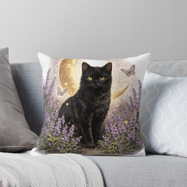Item preview, Black Cat and Lavender Moon | Cottagecore Floral Art designed and sold by Lumivo Studio.