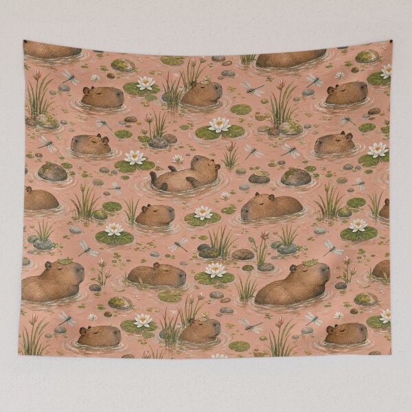 Item preview, Capybara Water Lily Seamless Pattern designed and sold by VerdantStudio.