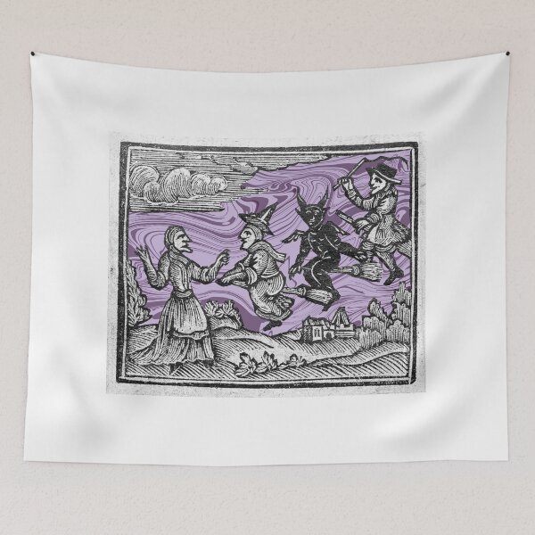 Item preview, Witches on Broomsticks - Antique Woodcut Art Print with Swirling Purple Marble Sky designed and sold by footnotes-club.