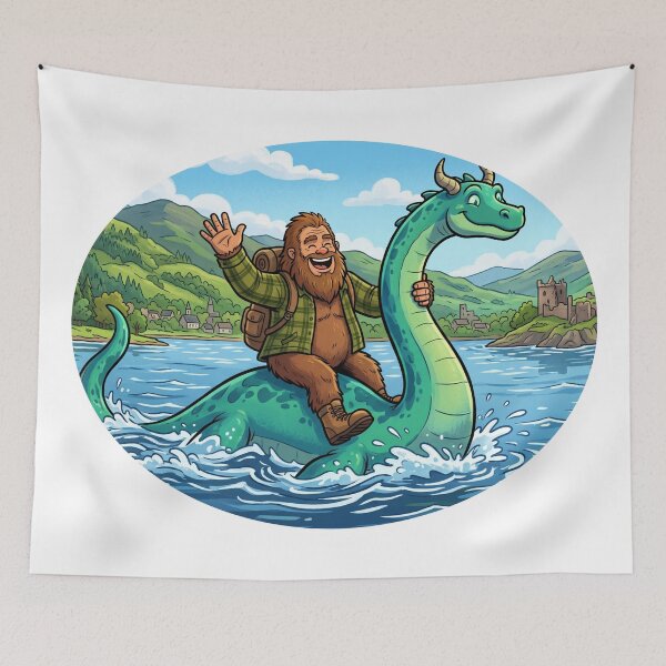 Item preview, Bigfoot Riding the Loch Ness Monster - Sasquatch Scotland Adventure Cryptidcore Design designed and sold by Spank My Yeti.