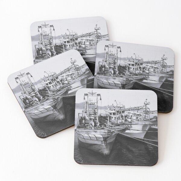 Item preview, Monochrome Fishing Boats at Sea - Classic Black and White Oil Painting Art designed and sold by HaedamArt.