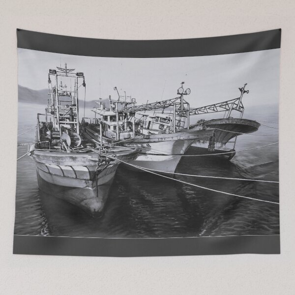 Item preview, Monochrome Fishing Boats at Sea - Classic Black and White Oil Painting Art designed and sold by HaedamArt.