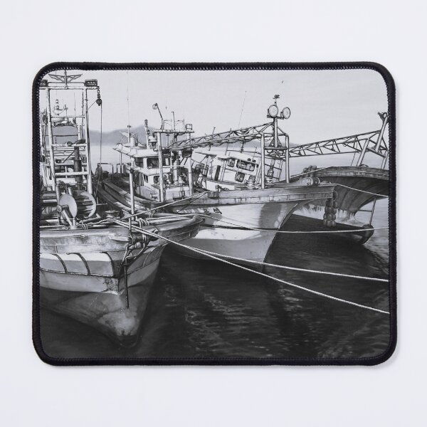 Item preview, Monochrome Fishing Boats at Sea - Classic Black and White Oil Painting Art designed and sold by HaedamArt.