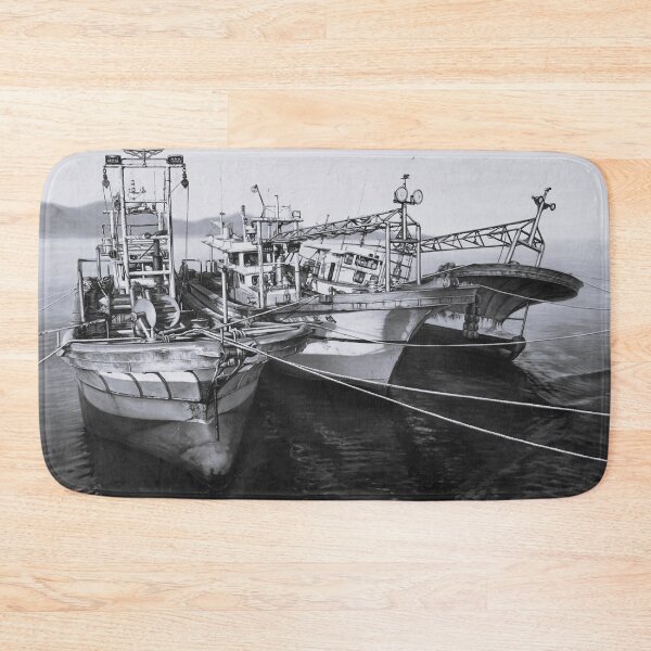 Item preview, Monochrome Fishing Boats at Sea - Classic Black and White Oil Painting Art designed and sold by HaedamArt.