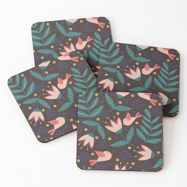 Item preview, Cute Birds and Flowers Floral Pattern in Teals and Corals designed and sold by Lavender Mint Graphics.