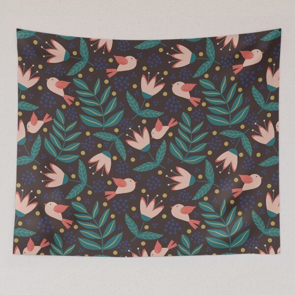 Item preview, Cute Birds and Flowers Floral Pattern in Teals and Corals designed and sold by Lavender Mint Graphics.