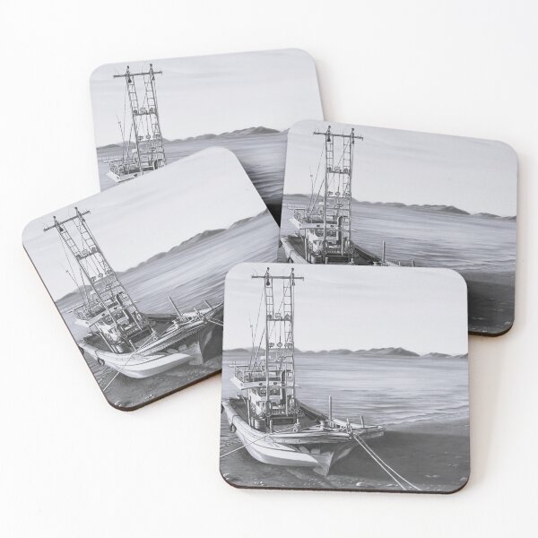 Item preview, Monochrome Fishing Boat at Anchor - Vintage Seascape Photography Art designed and sold by HaedamArt.