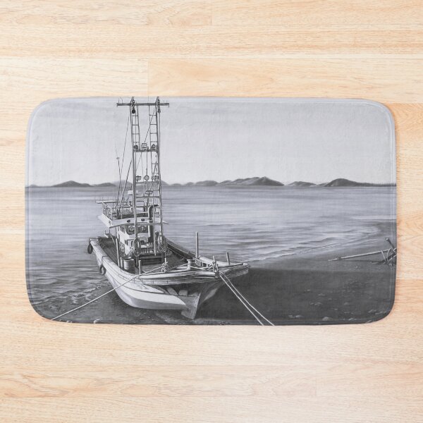 Item preview, Monochrome Fishing Boat at Anchor - Vintage Seascape Photography Art designed and sold by HaedamArt.