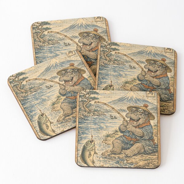 Item preview, Fishing hippopotamus in Japanese woodblock print style Fuji designed and sold by Mauswohn.