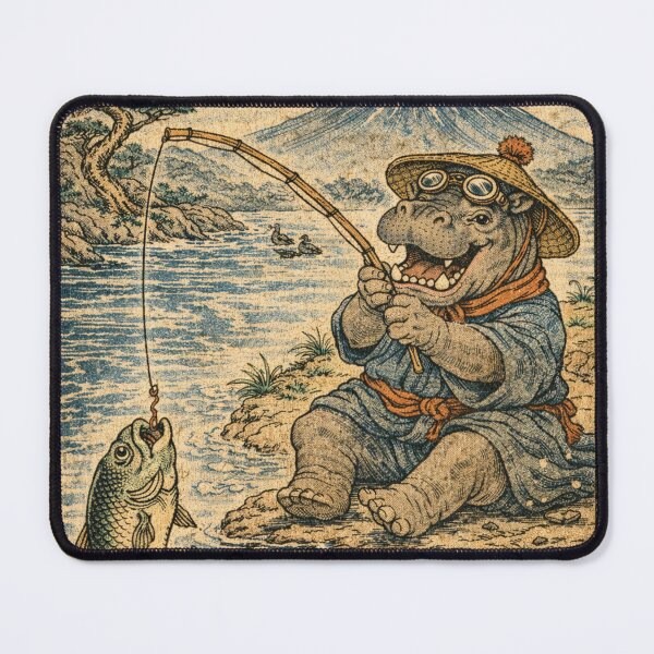 Item preview, Fishing hippopotamus in Japanese woodblock print style Fuji designed and sold by Mauswohn.